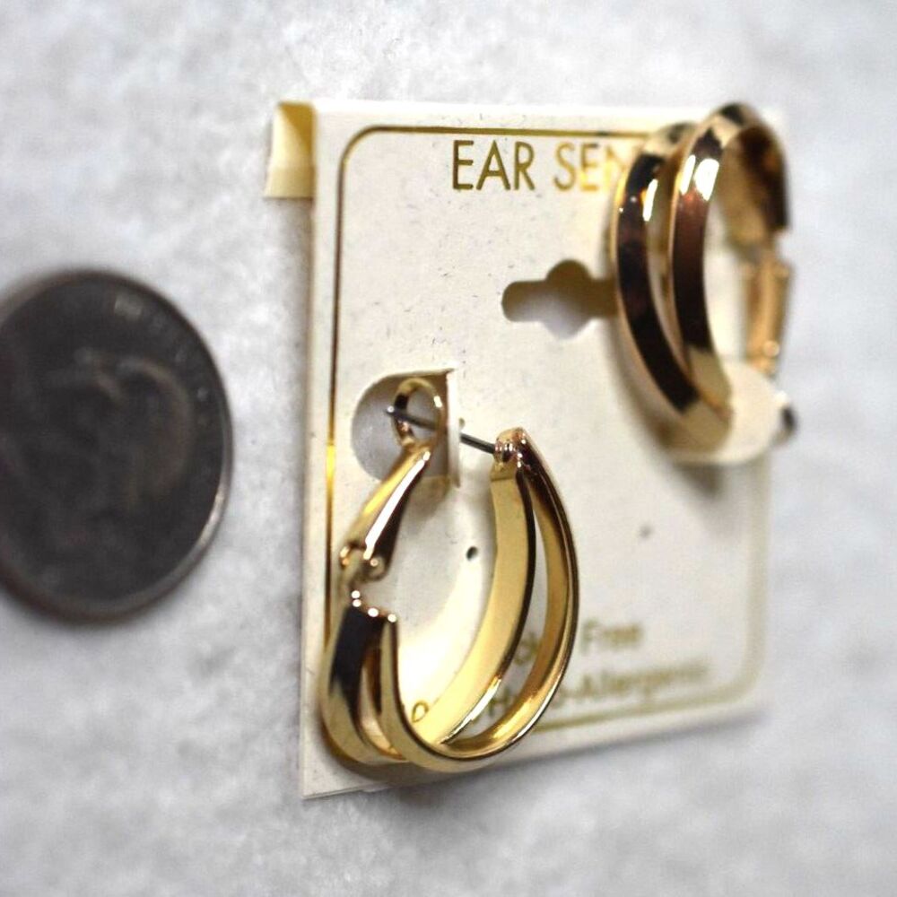 NWT Ear Sense Retro Gold Tone Double Oval Hoop Latch Back y2k Fashion Earrings